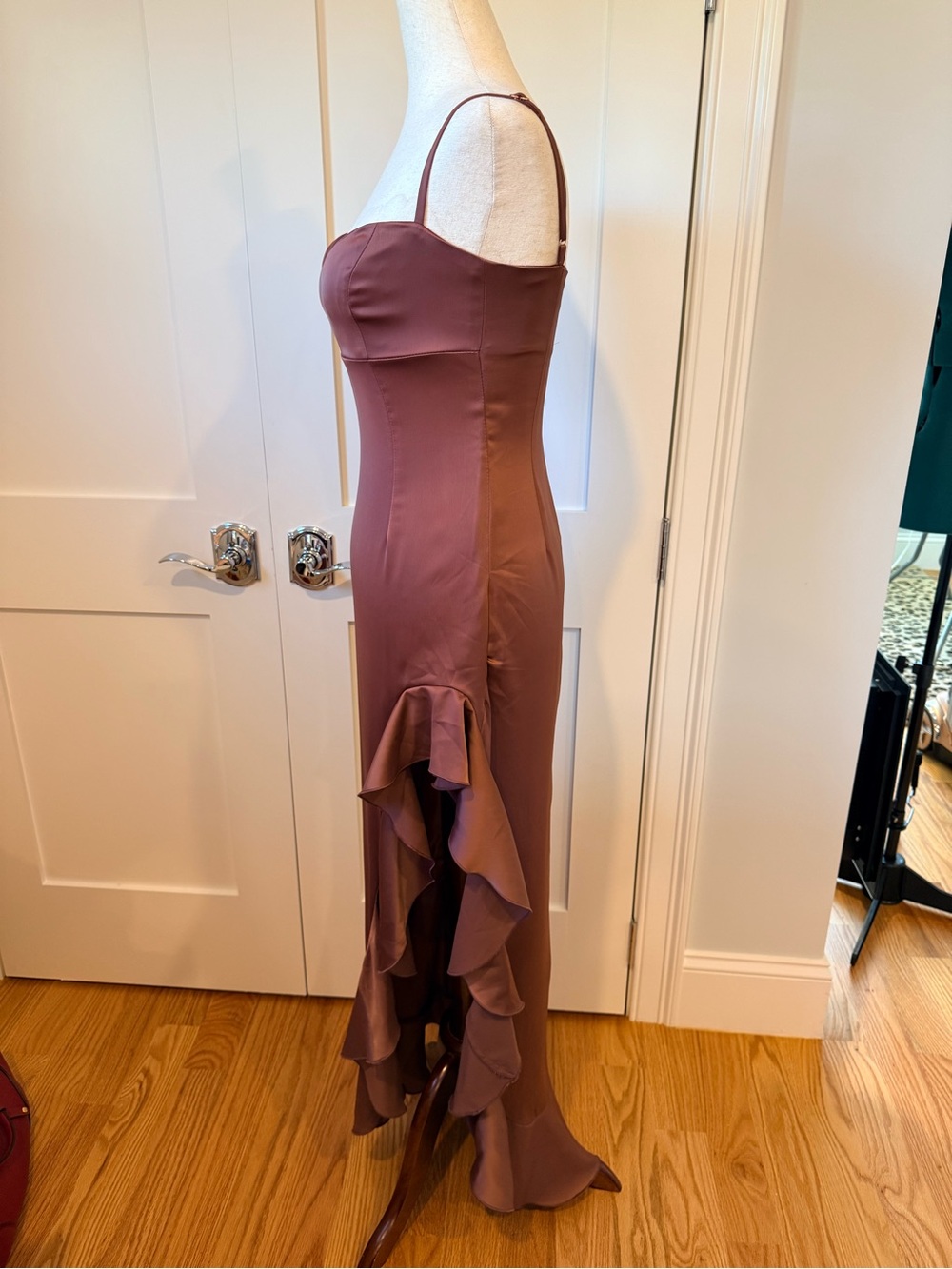 Nookie Sasha Satin High-Slit Ruffle Slip Dress in Mocha - Picture 7 of 15